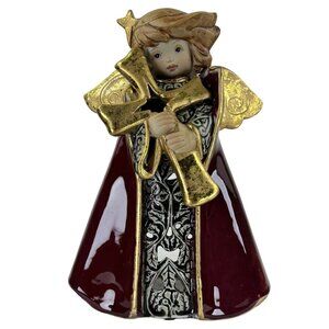 Vintage Ceramic Angel Candle Holder With Star  Bow 8.5" Tall Gold & Burgundy Chr
